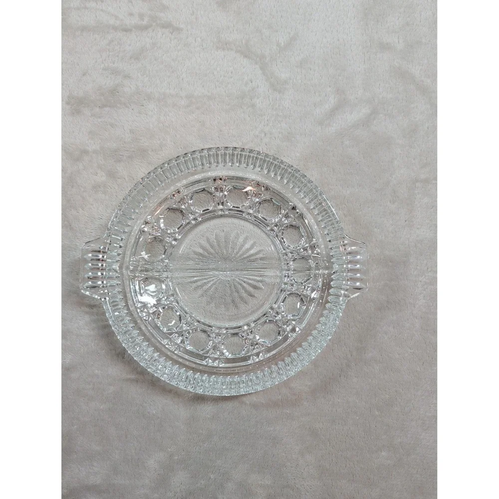Vtg Clear Pressed Glass Divided Relish‎ Dish Sunburst Serving Tray with Handles